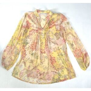 Susan Graver Blouse Popover V-neck Top Size S Yellow Colorful Semi Sheer Floral